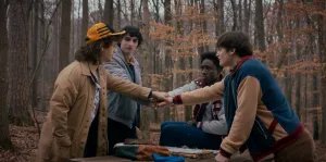  (L to R) Gaten Matarazzo as Dustin Henderson, Finn Wolfhard as Mike Wheeler, Caleb McLaughlin as Lucas Sinclair, and Noah Schnapp as Will Byers in 'Stranger Things' Season 5