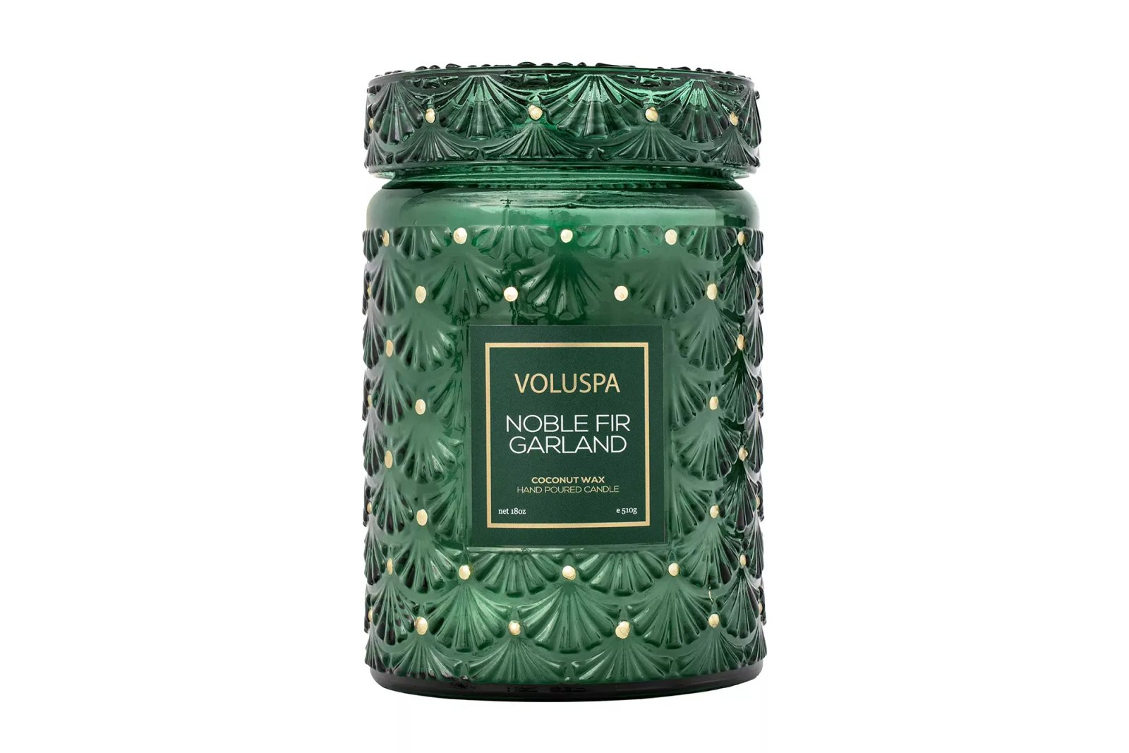 Voluspa Noble Fir Garland candle in a green glass jar with golden accents.