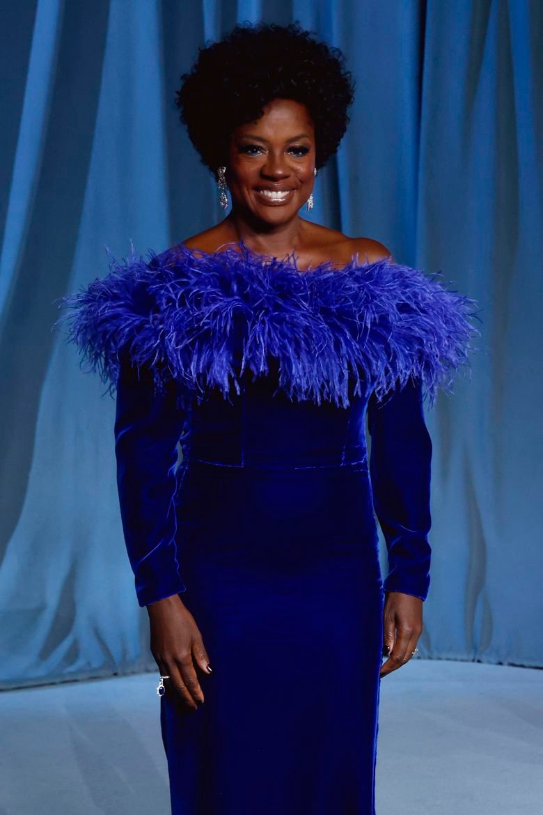 Viola Davis in a feather-trimmed velvet gown from Gucci at the Academy Museum Gala.