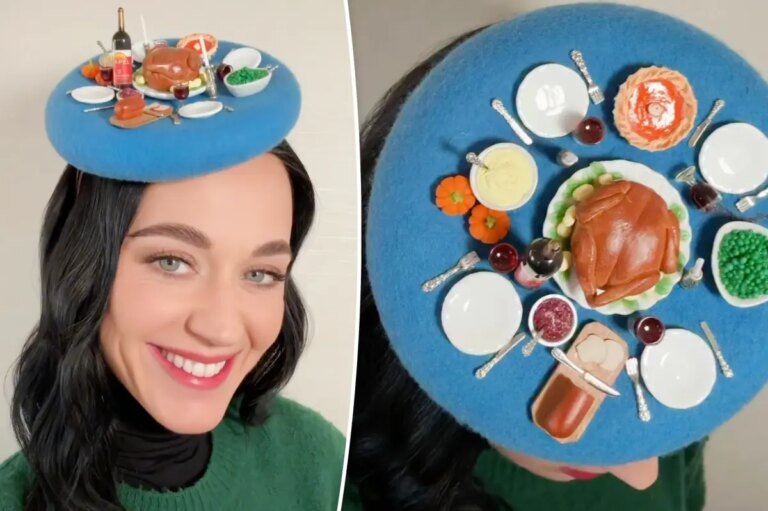 Katy Perry Celebrates Thanksgiving with a Festive Meal Design on Her Beret