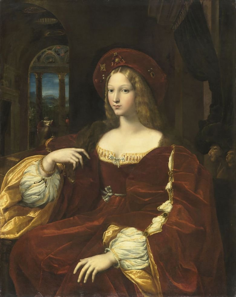 Raphael’s 1518 portrait of the vicereine of Naples in luxurious crimson velvet with voluminous buttoned sleeves.