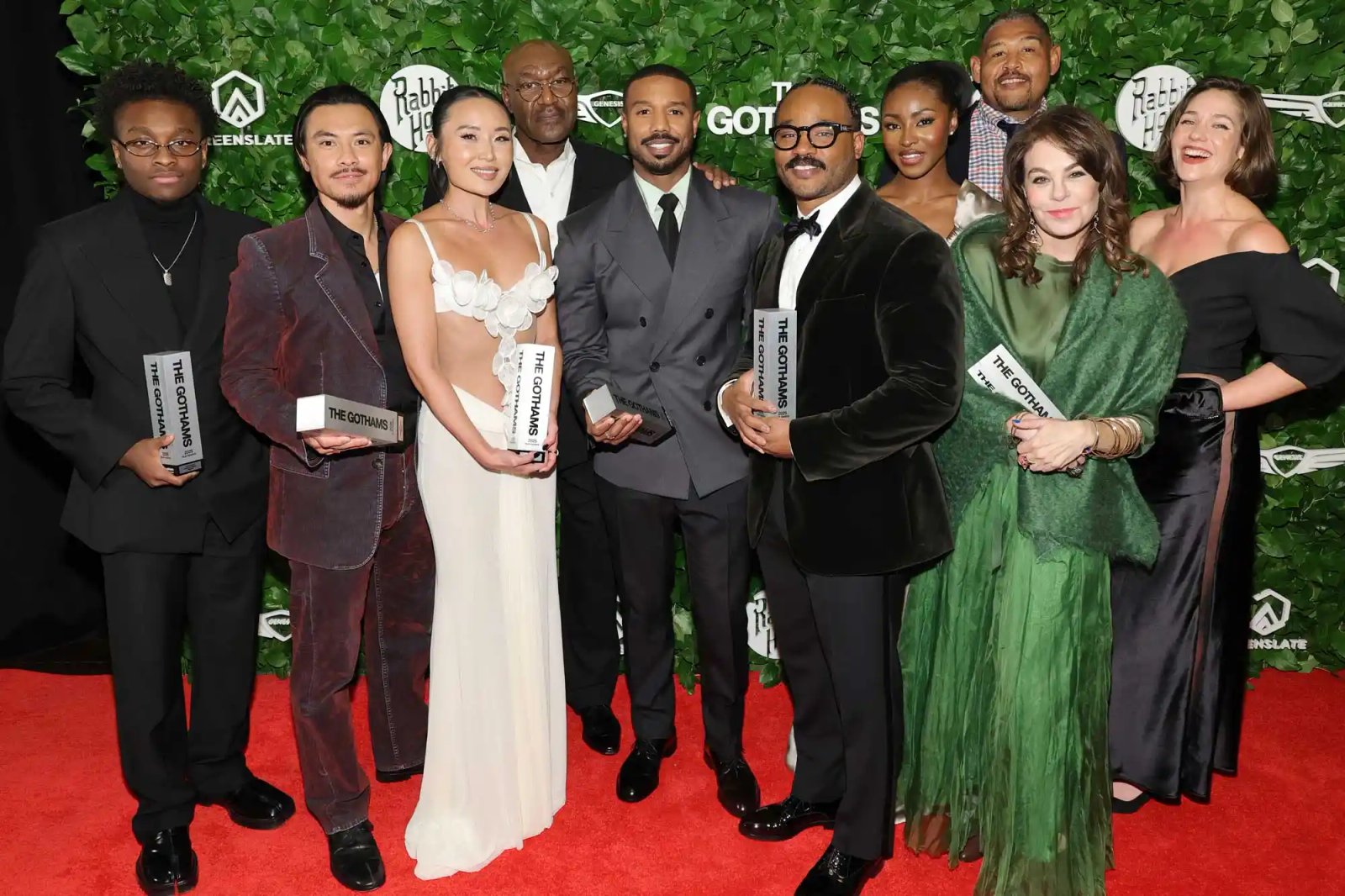 Miles Caton, Yao, Li Jun Li, Delroy Lindo, Michael B. Jordan, Ryan Coogler, Jayme Lawson, Omar Benson Miller, Francine Maisler and Lola Kirke pose during the 35th Gotham Film Awards at Cipriani Wall Street