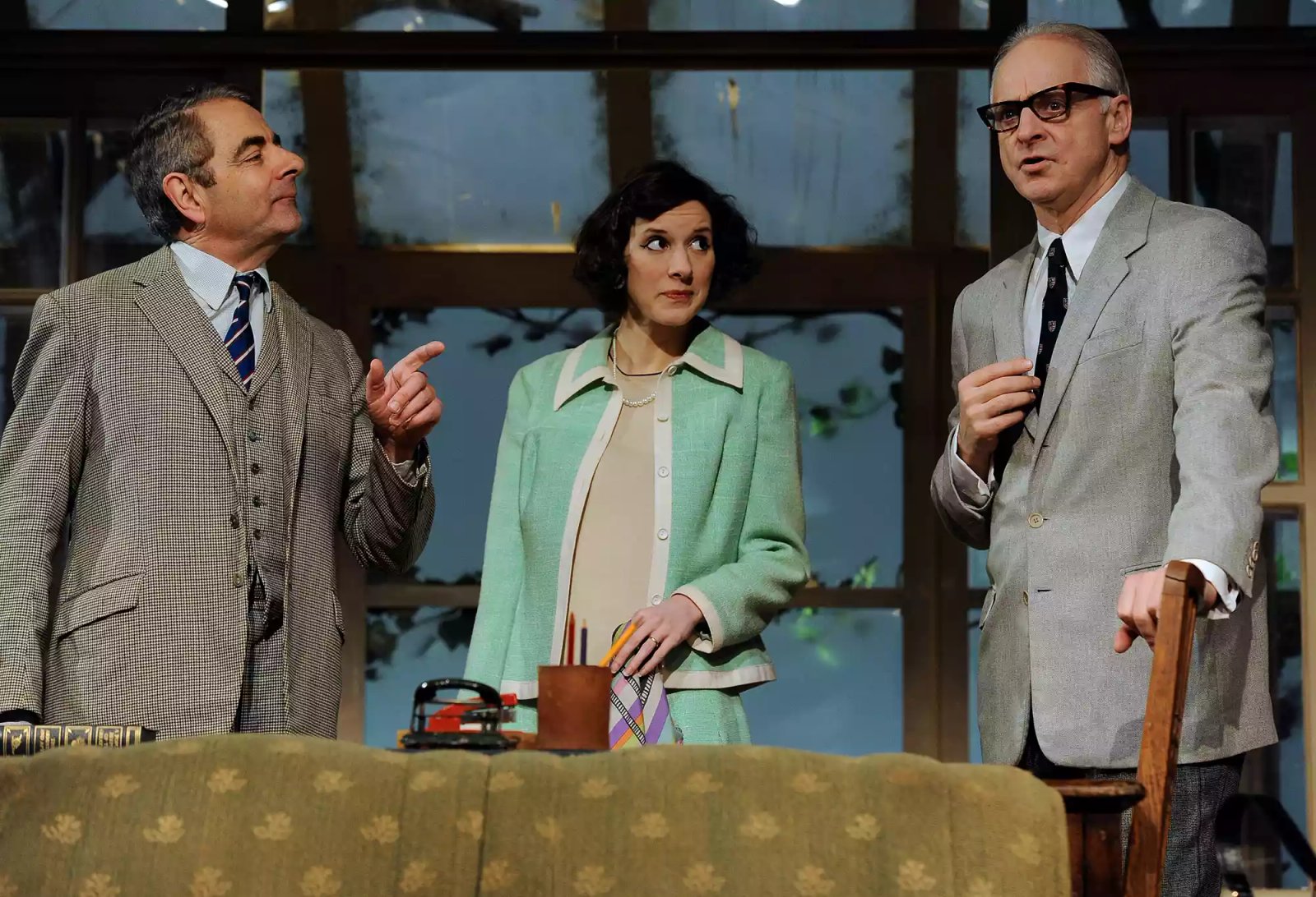 Rowan Atkinson as St John Quartermain, Malcolm Sinclair as Eddie Loomis with Louise Ford as Anita Manchip in Simon Gray's Quartermaine's Terms 