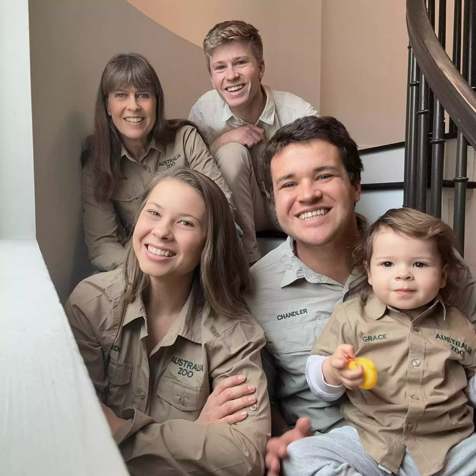 Terri, Robert, and Bindi Irwin with Chandler Powell and Grace Warrior Irwin Powell.