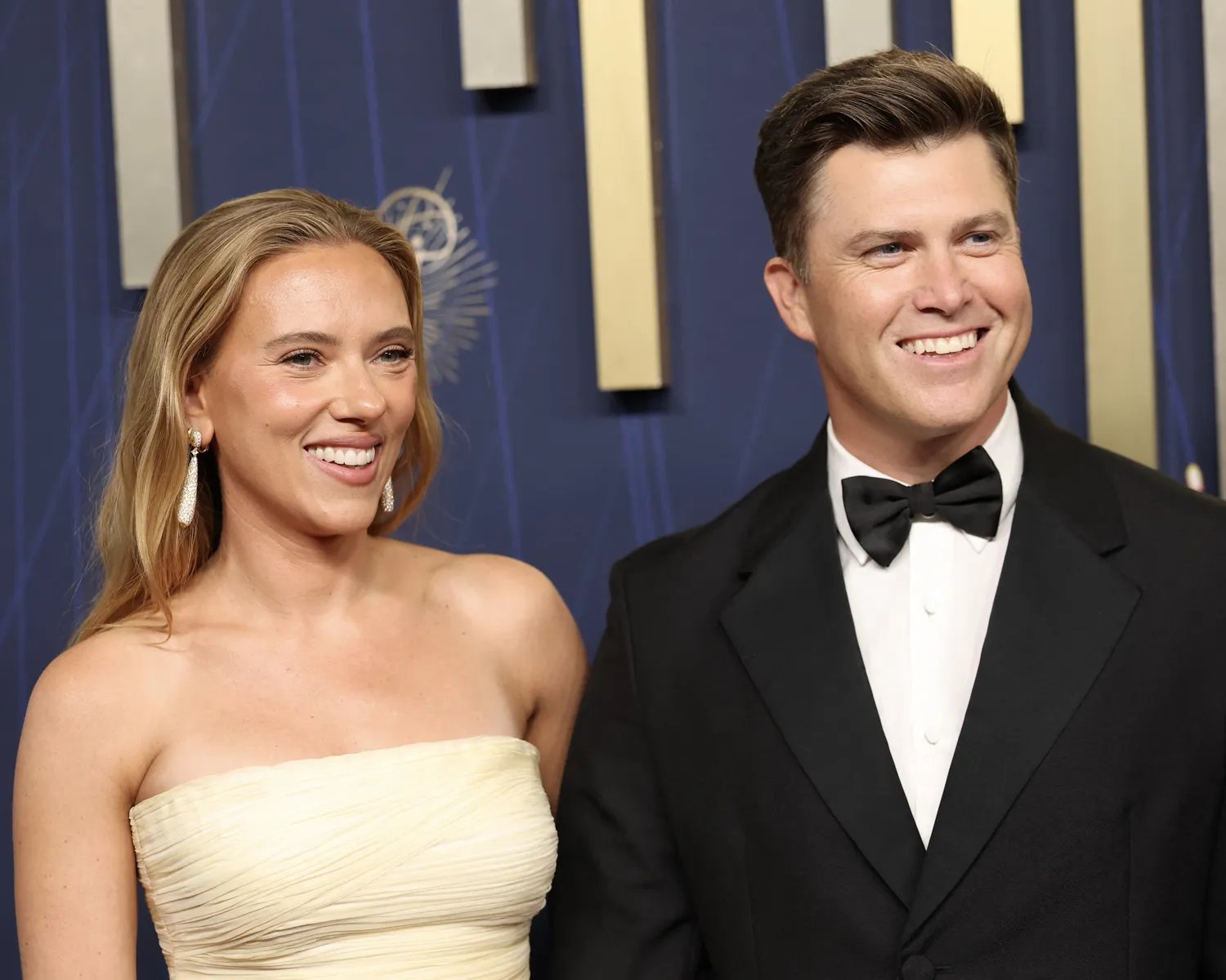 Scarlett Johansson and Colin Jost arrive for the 77th Primetime Emmy Awards on September 14, 2025.