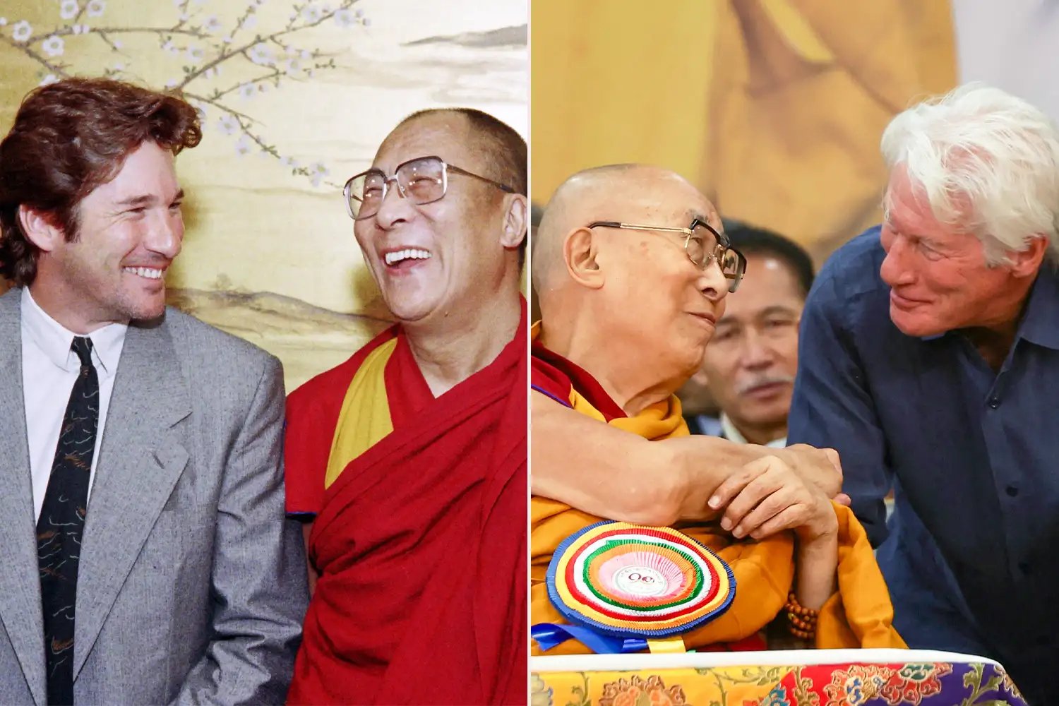 US actor Richard Gere (L) and the spiritual leader of Tibet, Dalai Lama, share a laugh during a news conference at the Carlyle Hotel in New York on September 28, 1987. The conference was called to announce the establishment Tibet House; US actor Richard Gere (R) greets Tibetan spiritual leader the Dalai Lama during a prayer ceremony celebrating his 90th birthday at the Main Tibetan Temple in McLeod Ganj, near Dharamsala, on July 6, 2025.