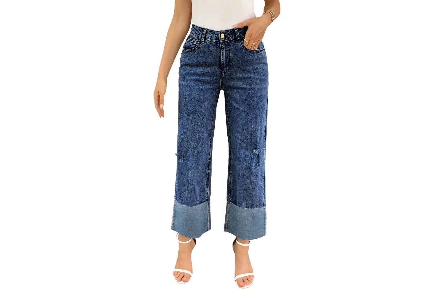 Person wearing highwaisted wide straight-leg jeans