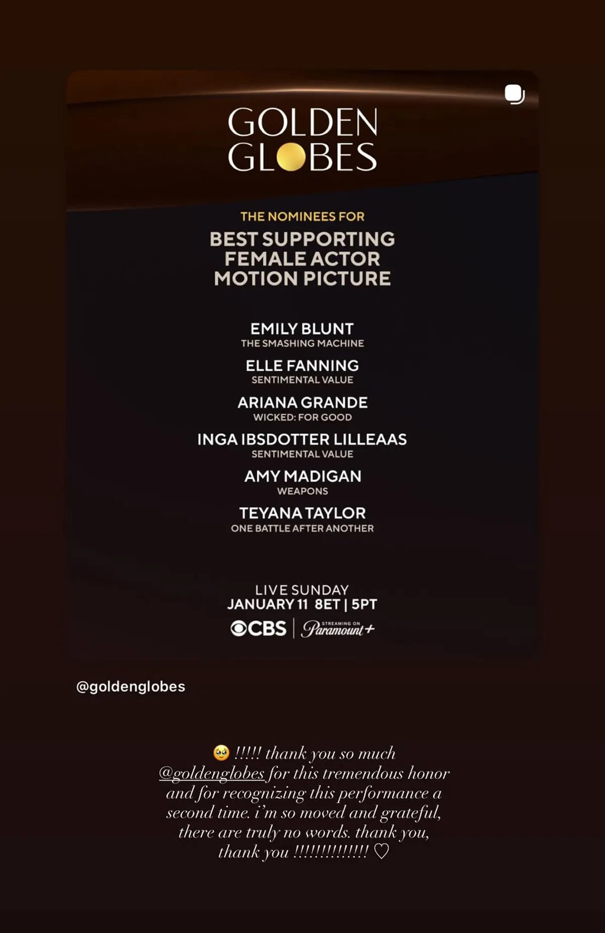 Ariana Grande Shares Golden Globe Nomination via IG Stories