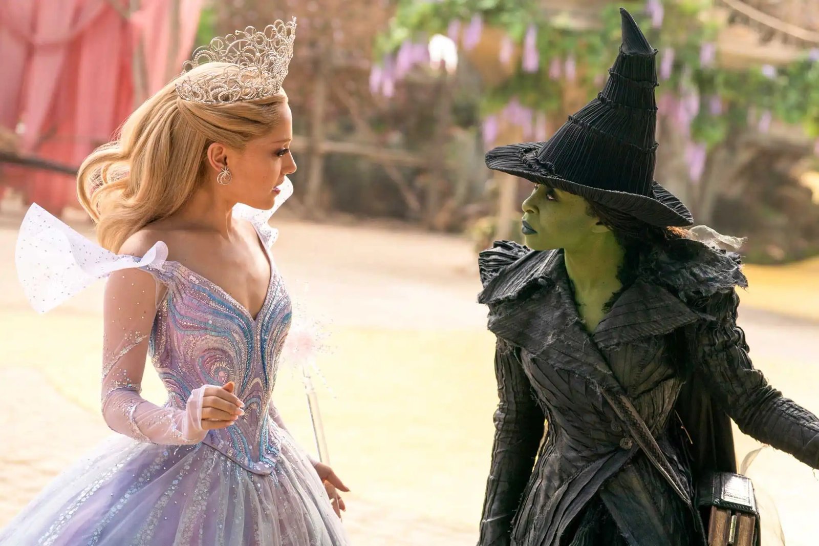 Ariana Grande as Glinda and Cynthia Erivo as Elphaba in Wicked For Good.