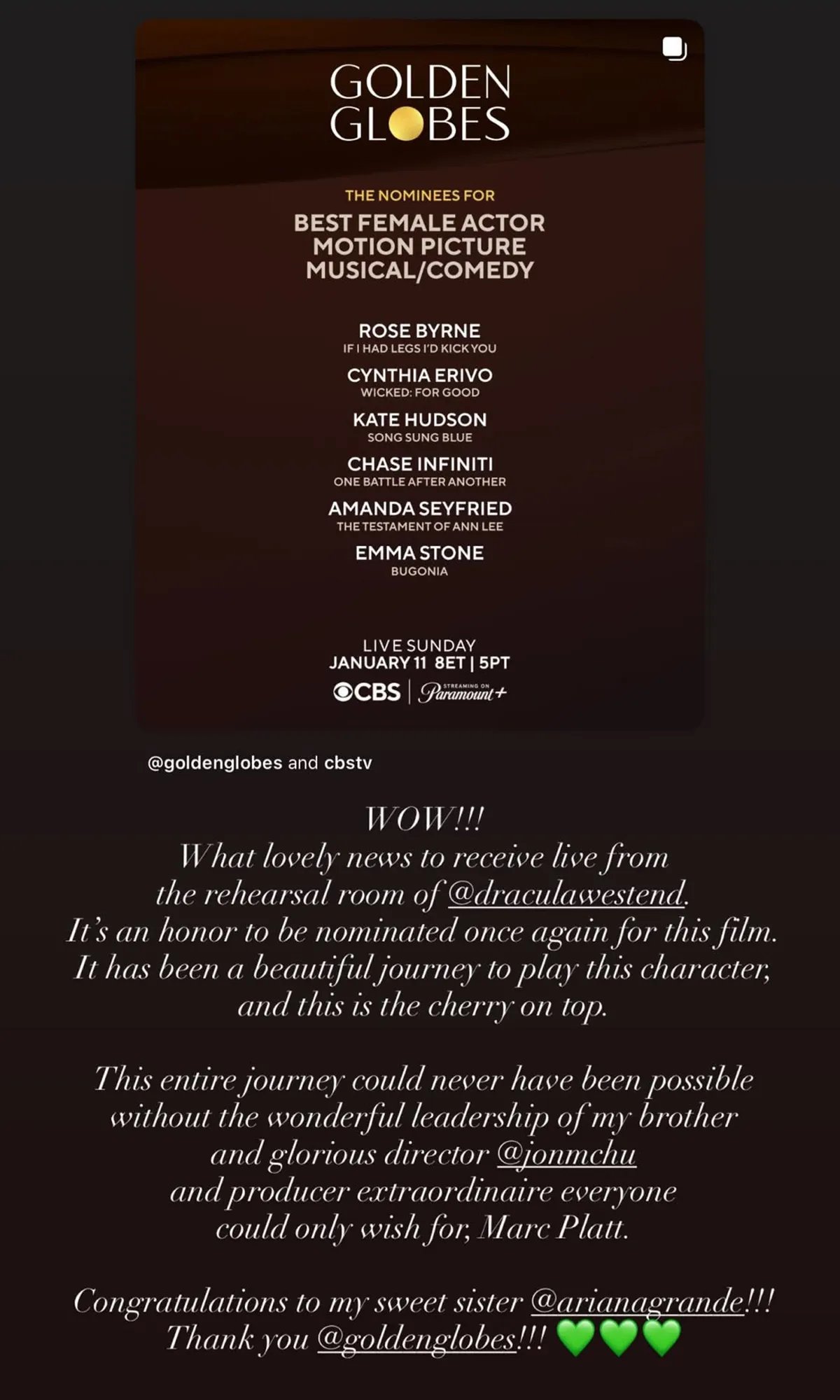 Cynthia Erivo shares her Golden Globe nomination via Instagram Stories.