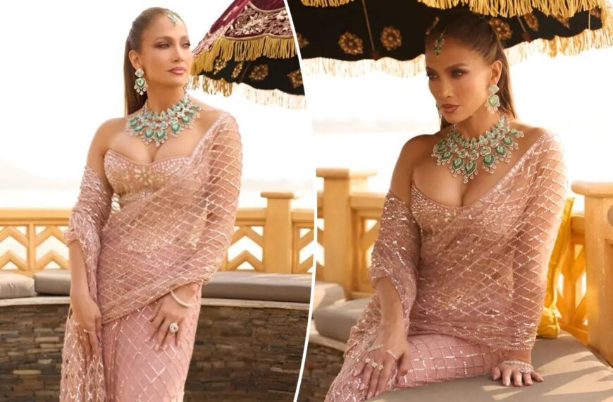 Jennifer Lopez Shines in Stunning 168-Carat Emerald Necklace and Crystal-Embellished Saree at Indian Wedding