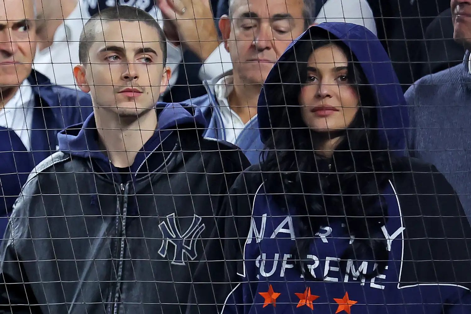 Timothee Chalamet and Kylie Jenner during game four of the ALDS round for the 2025 MLB playoffs between the New York Yankees and the Toronto Blue Jays at Yankee Stadium.
