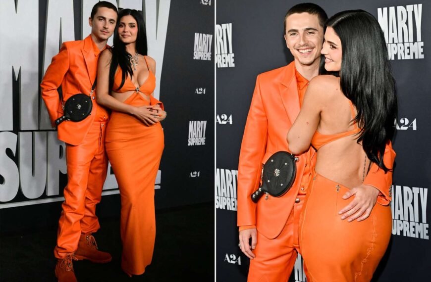 Kylie Jenner and Timothée Chalamet Show Off Their Coordinated Bright Orange Looks at the Marty Supreme Premiere