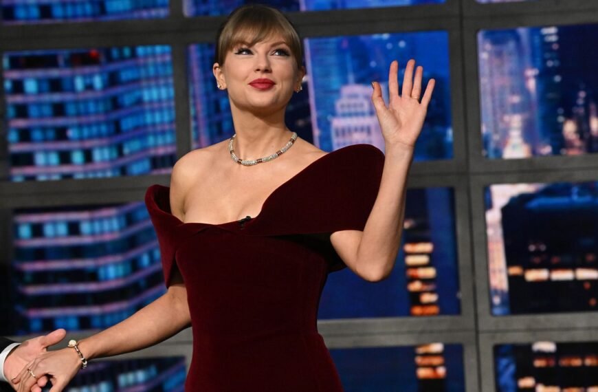 Taylor Swift Dazzles in a $1,695 Velvet Minidress on The Late Show with Stephen Colbert