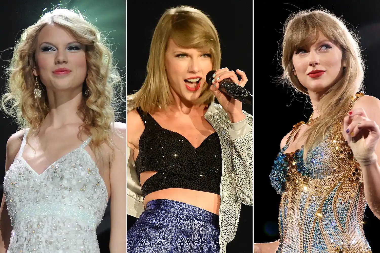 Taylor Swift performs during Z100's Jingle Ball 2009 on December 11, 2009 in New York City ; Taylor Swift during Rock in Rio USA on May 15, 2015 in Las Vegas, Nevada ; Taylor Swift during The Eras Tour on May 06, 2023 in Nashville, Tennessee.