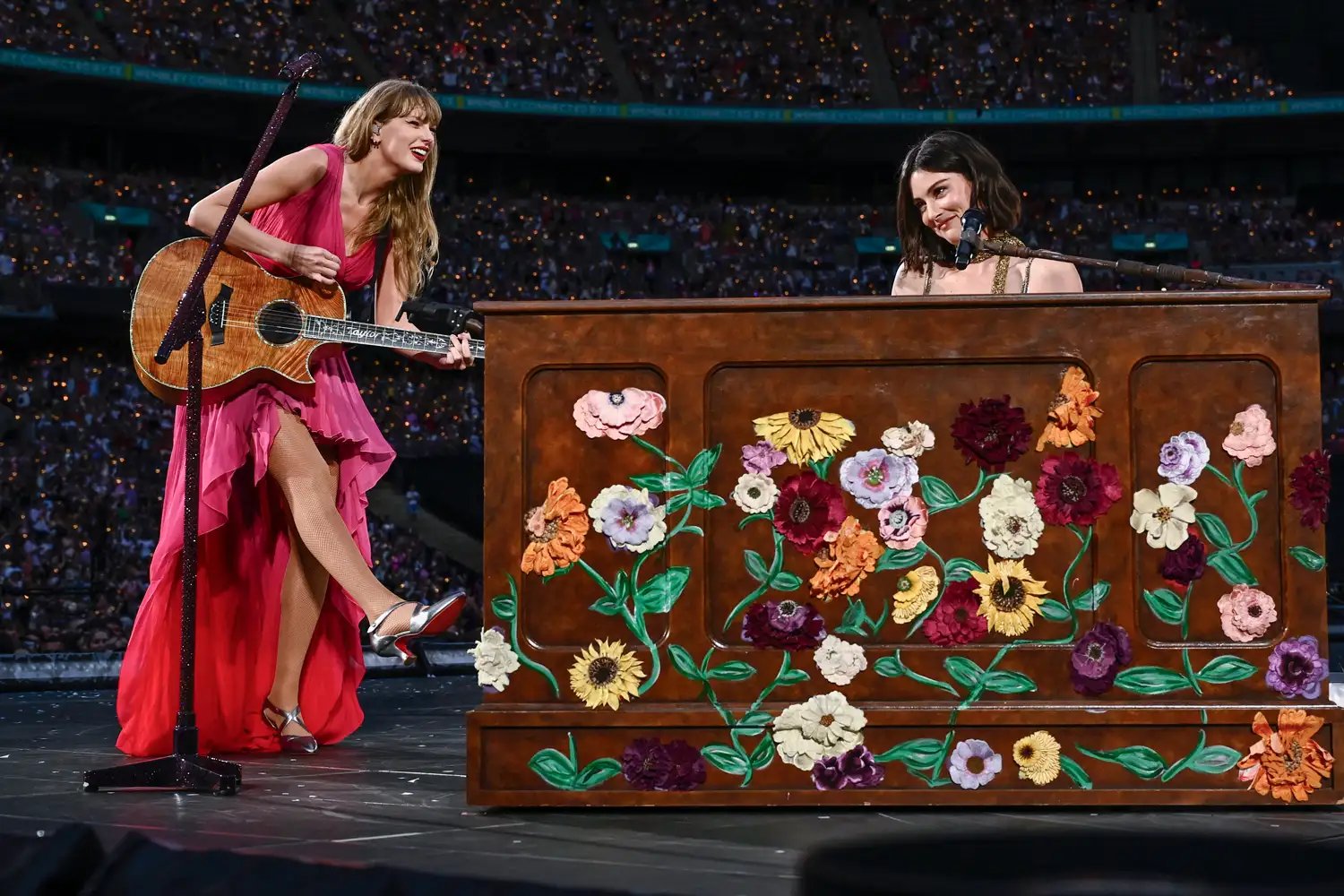 Taylor Swift and Gracie Abrams perform during "Taylor Swift | The Eras Tour" on June 23, 2024 in London, England.
