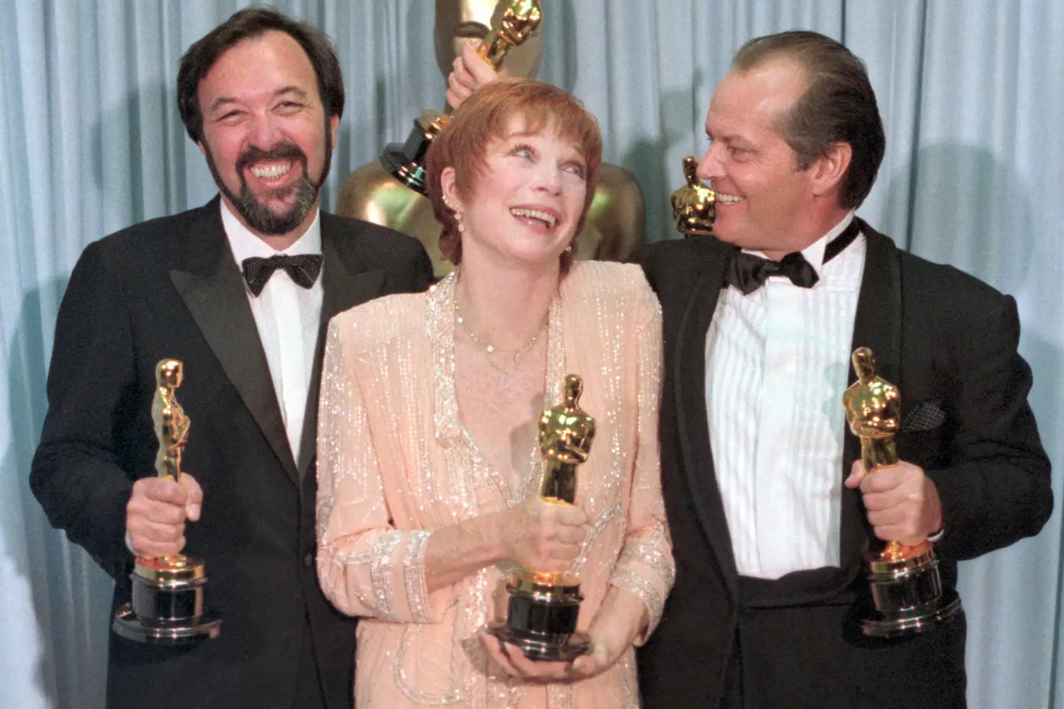 Los Angeles: Academy Award winners Jack Nicholson (R-Best Supporting Actor for Terms of Endearment), Shirley Maclaine (C-Best Actress for Terms of Endearment) and James Brooks