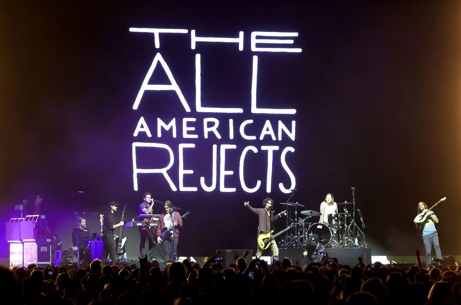 Nick Wheeler, Tyson Ritter, Chris Gaylor and Mike Kennerty of The All-American Rejects perform onstage during the 2025 KROQ Almost Acoustic Christmas at The Kia Forum on December 13, 2025 in Inglewood, California.