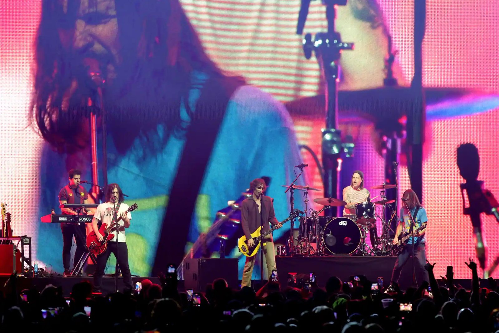 Nick Wheeler, Tyson Ritter, Chris Gaylor and Mike Kennerty of The All-American Rejects perform onstage during the 2025 KROQ Almost Acoustic Christmas at The Kia Forum on December 13, 2025 in Inglewood, California.