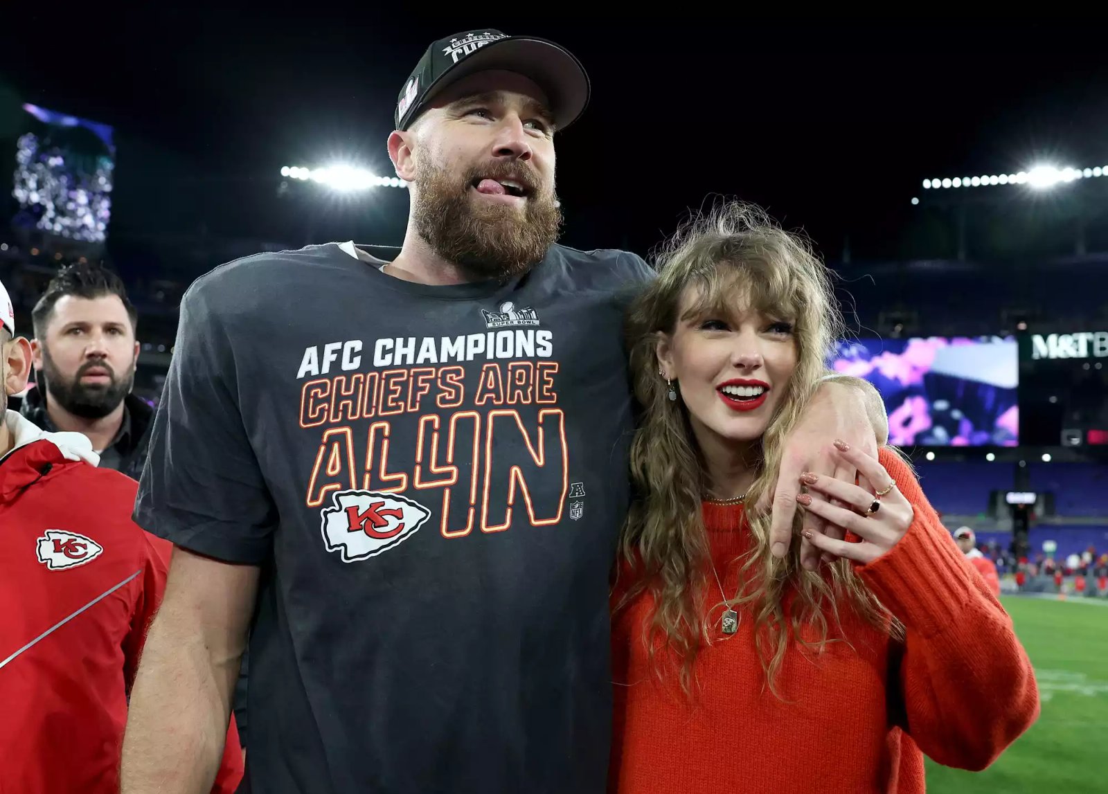 Travis Kelce #87 of the Kansas City Chiefs celebrates with Taylor Swift after winning the AFC Championship Game on January 28, 2024 in Baltimore, Maryland.