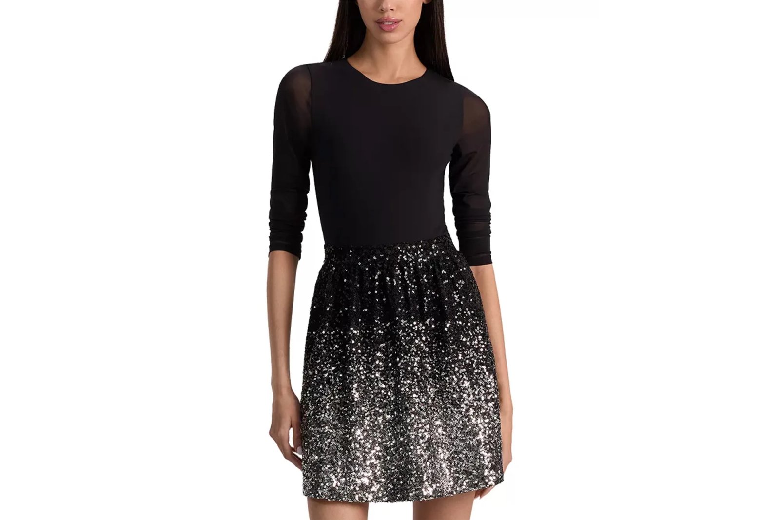Black top with sheer sleeves and a sparkly skirt.