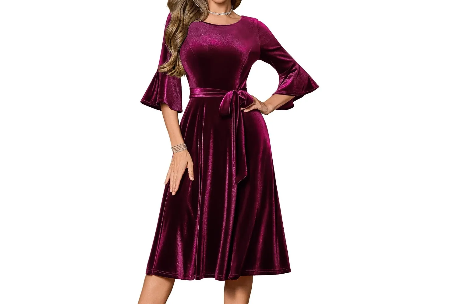 Homrain Womens Long Sleeve Velvet Midi Dresses For Wedding Guest Church Formal Winter Christmas Cocktail Party