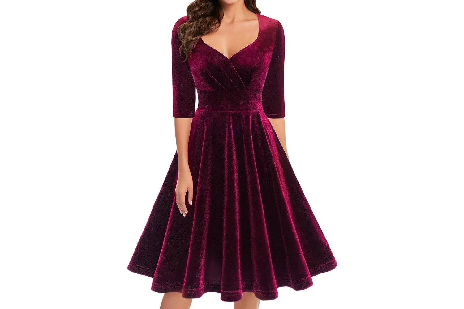 Bbonlinedress Womens Velvet Long Sleeve Formal Wedding Guest Vintage Cocktail Holiday Party Midi Dress 