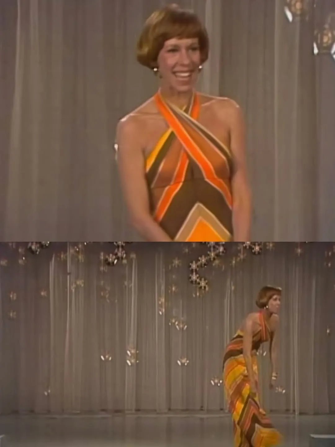 Carol Burnett in a striped orange and yellow dress on stage.