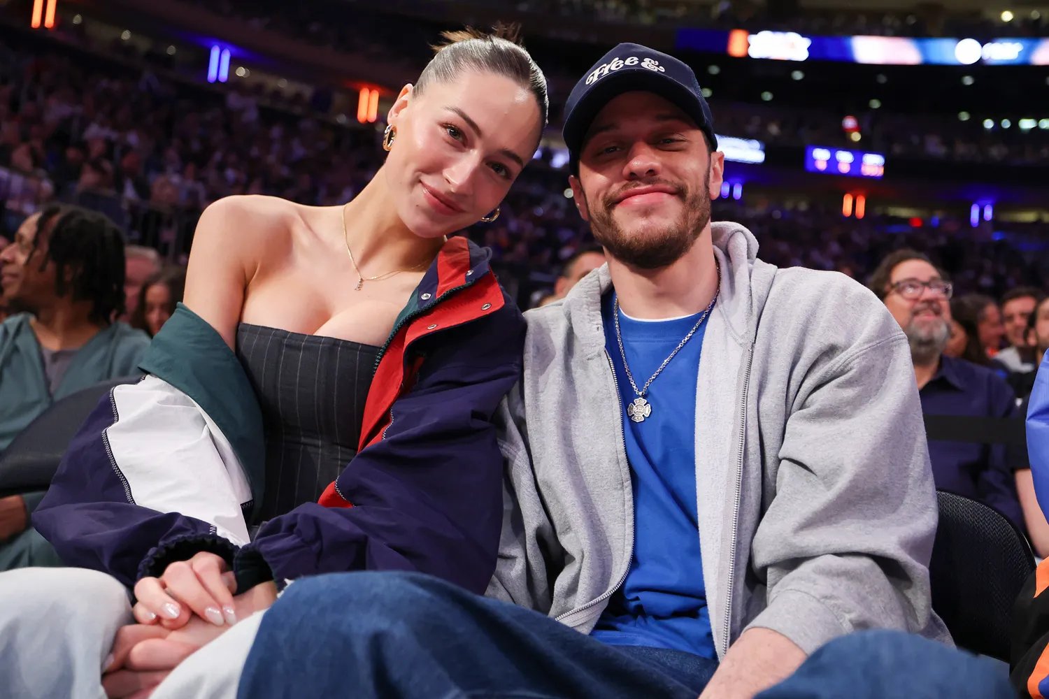 Elsie Hewitt and Pete Davidson watch the NBA Playoffs on May 16, 2025, in New York City.