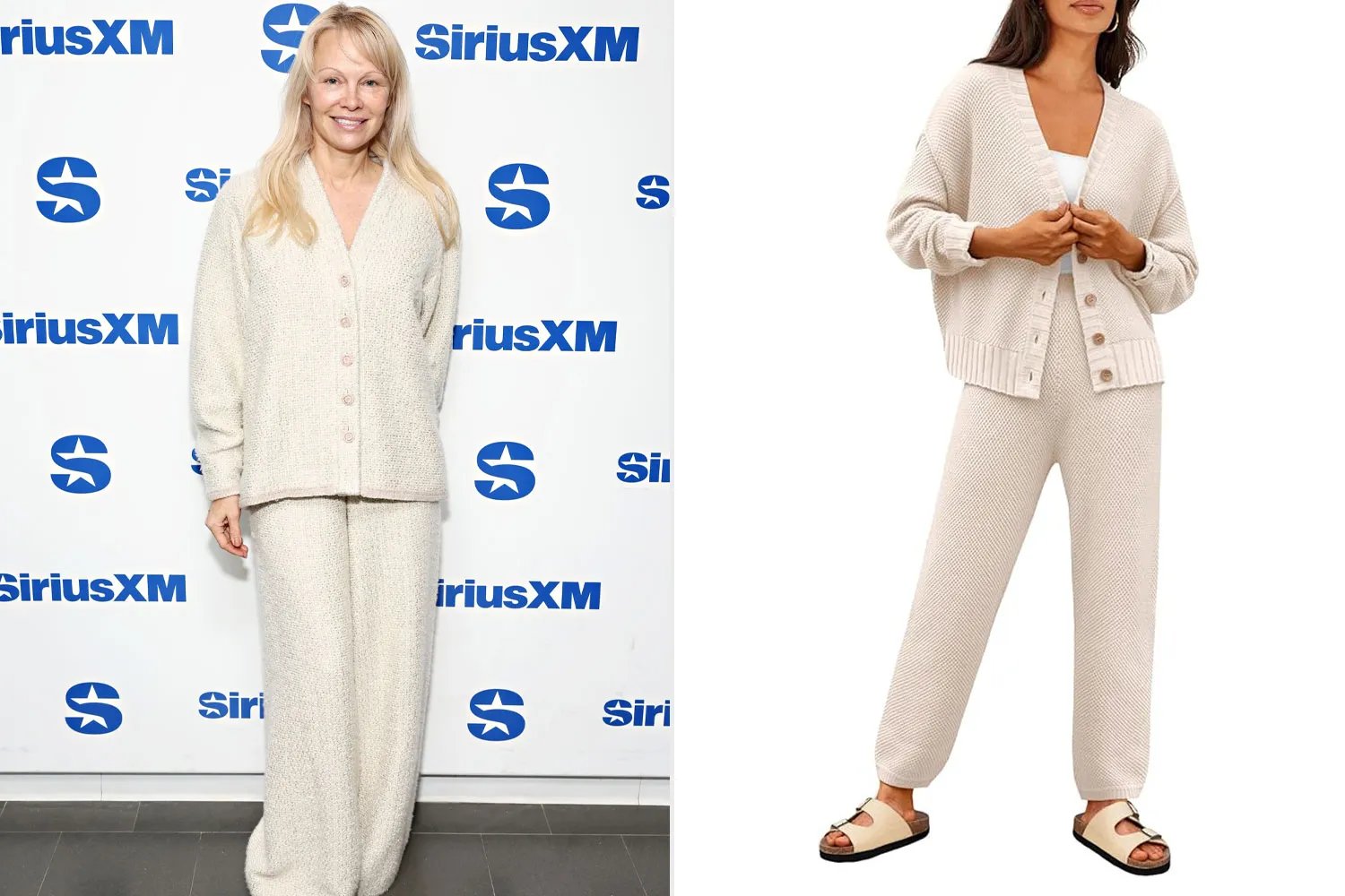 Pamela Anderson wearing a knit matching set on the left next to an image of a similar outfit worn by a model