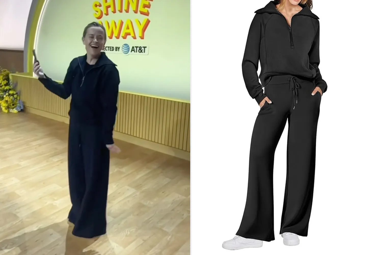 A person wearing a matching set posing next to a reference image of the same outfit