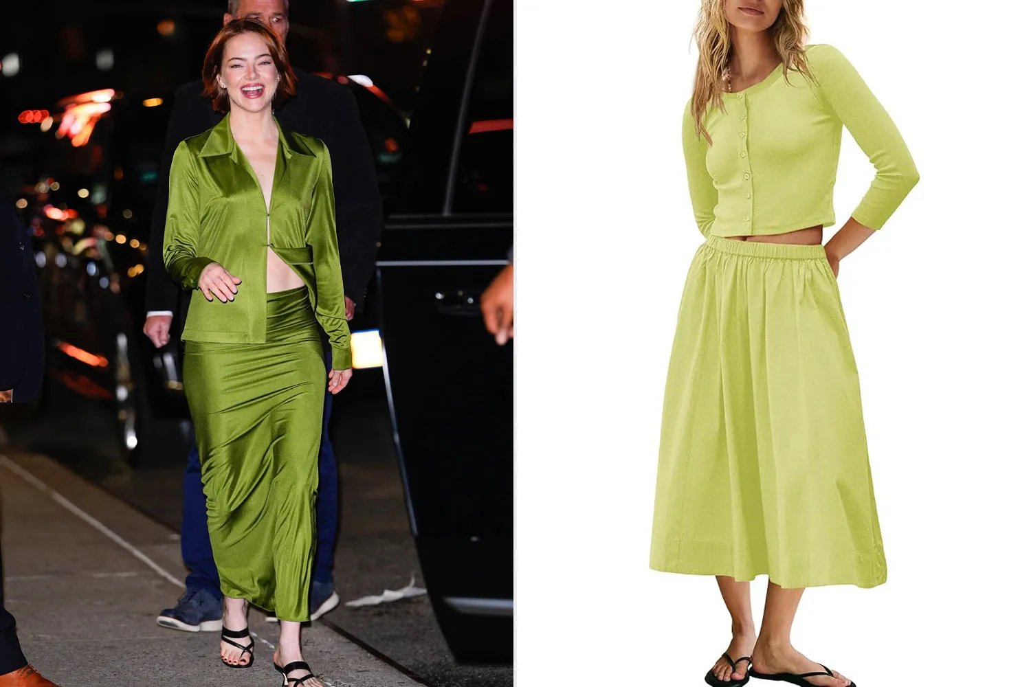 Emma Stone wearing a matching set side by side with a similar outfit worn by a model