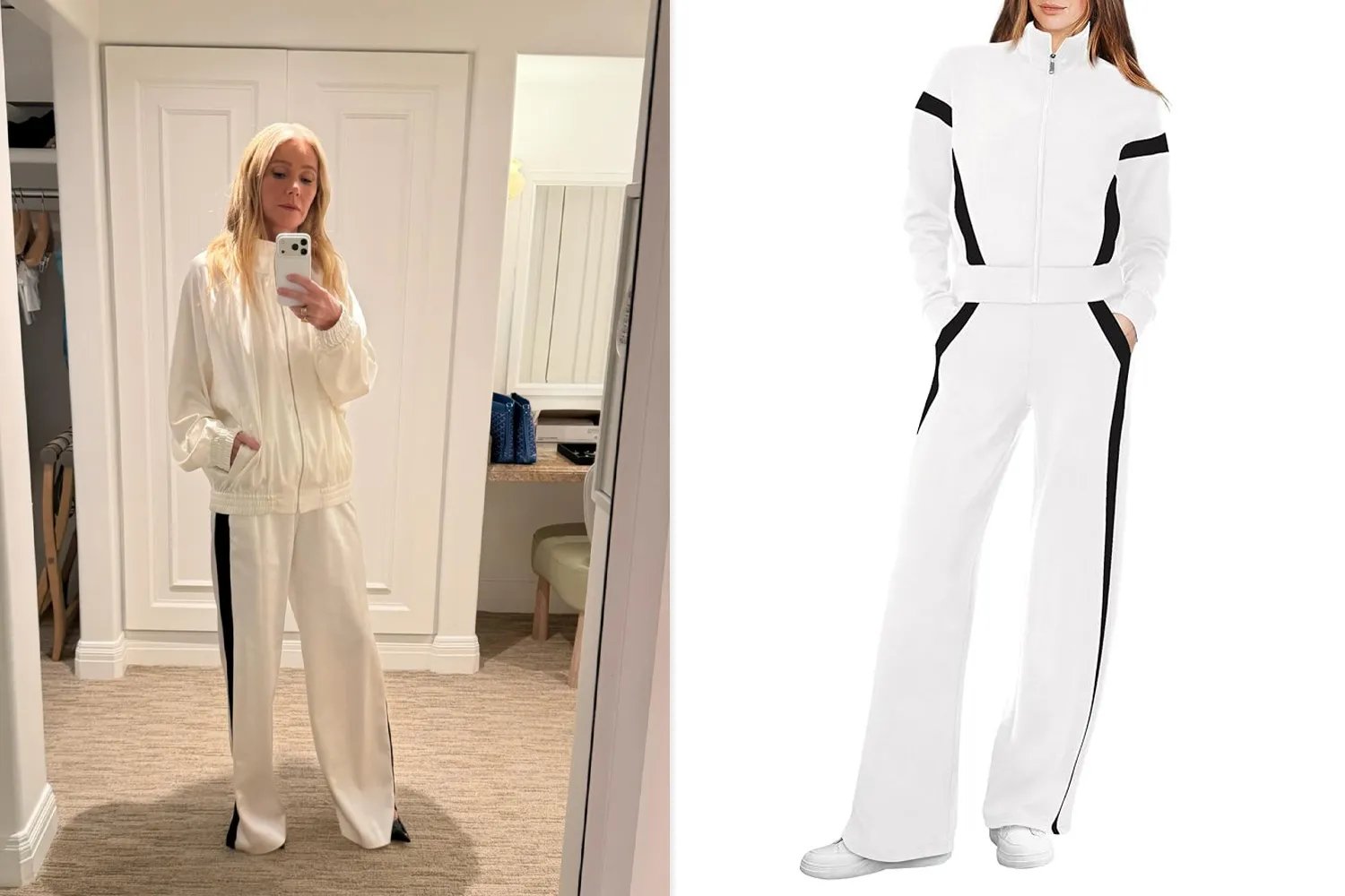 Side by side images: a person takes a mirror selfie wearing a tracksuit and the tracksuit displayed cleanly in a studio shot