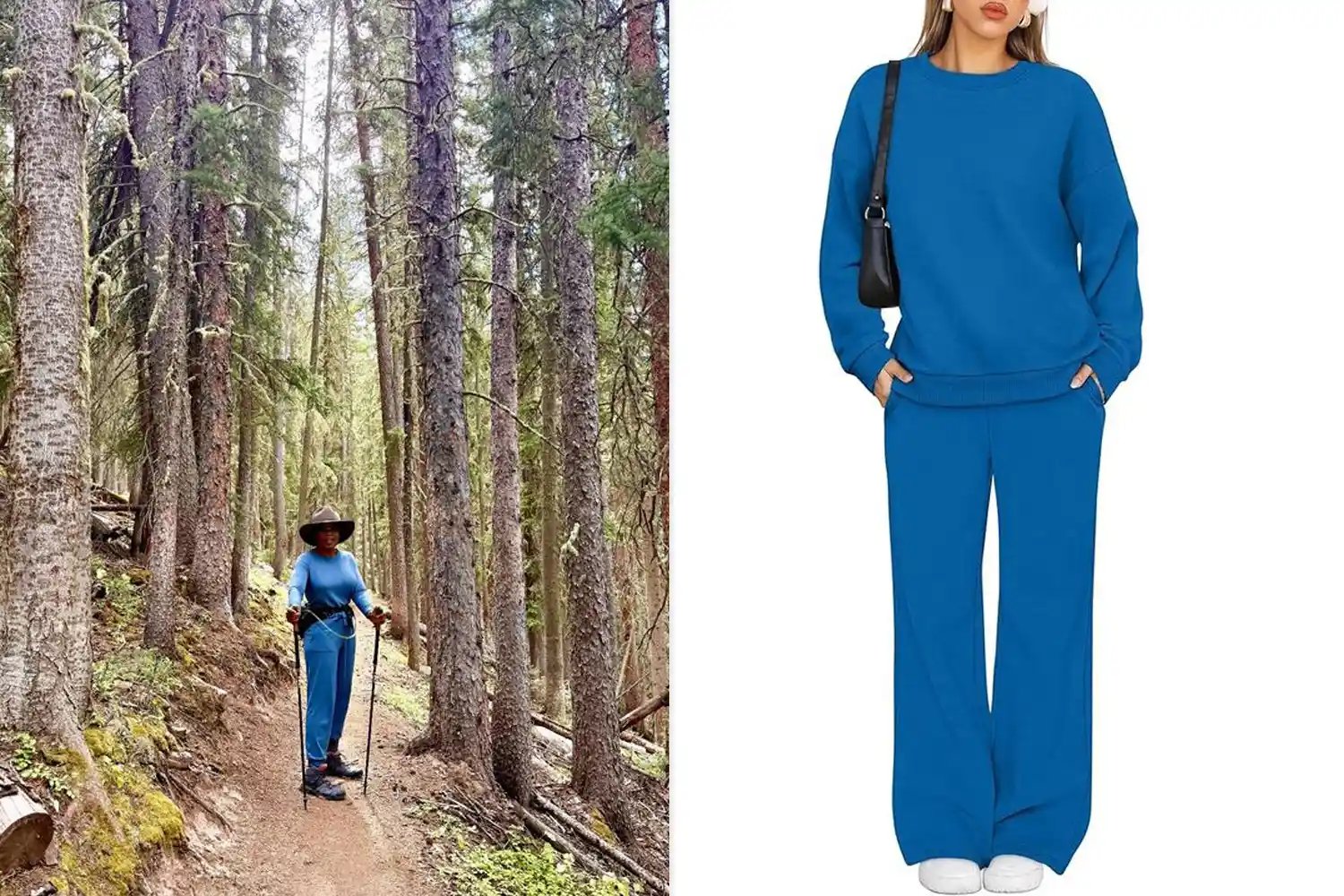 A person hiking in a forest shown next to an outfit display featuring a matching blue sweatshirt and pants set