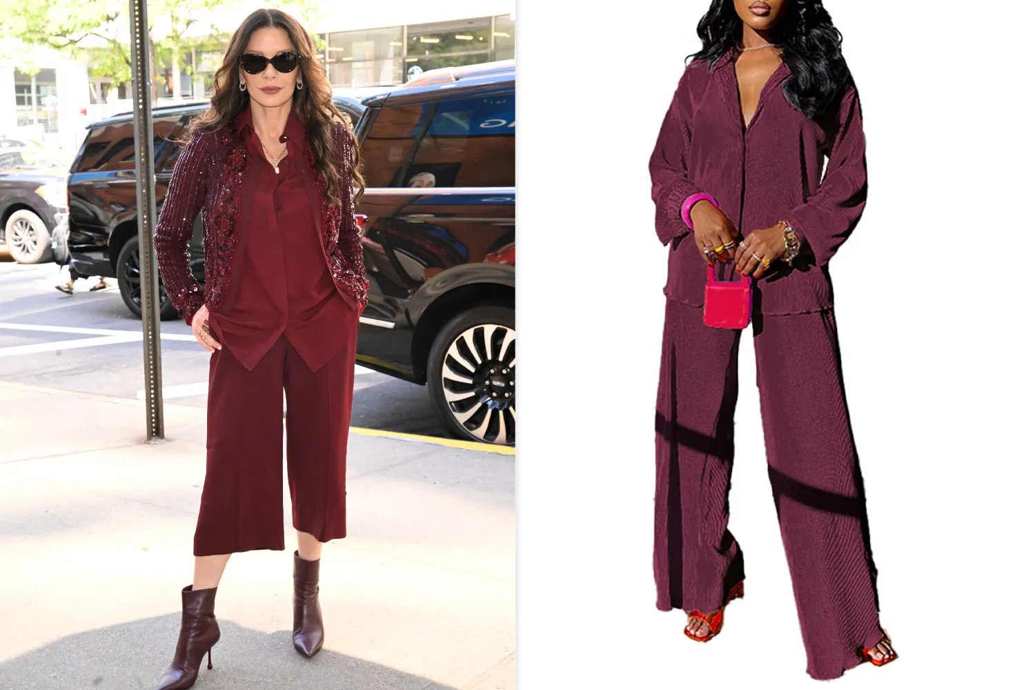 Two outfits compared side by side: one modeled casually outdoors and the other displayed on a mannequin indoors