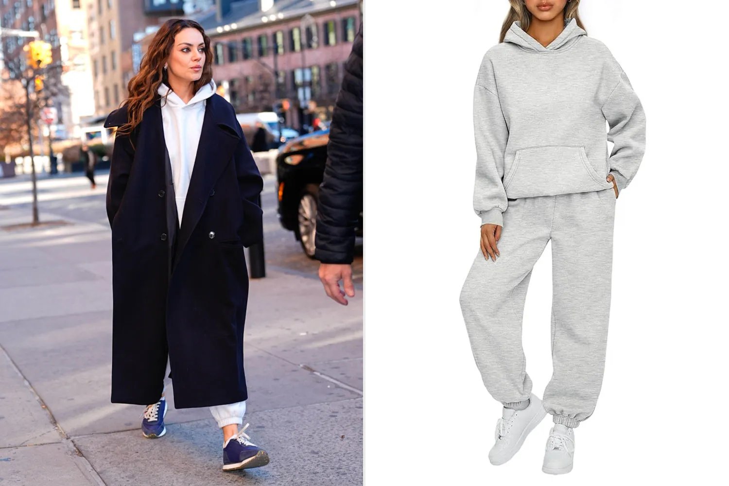 Mila Kunis walking in a city wearing a casual outfit compared with a gray matching set outfit