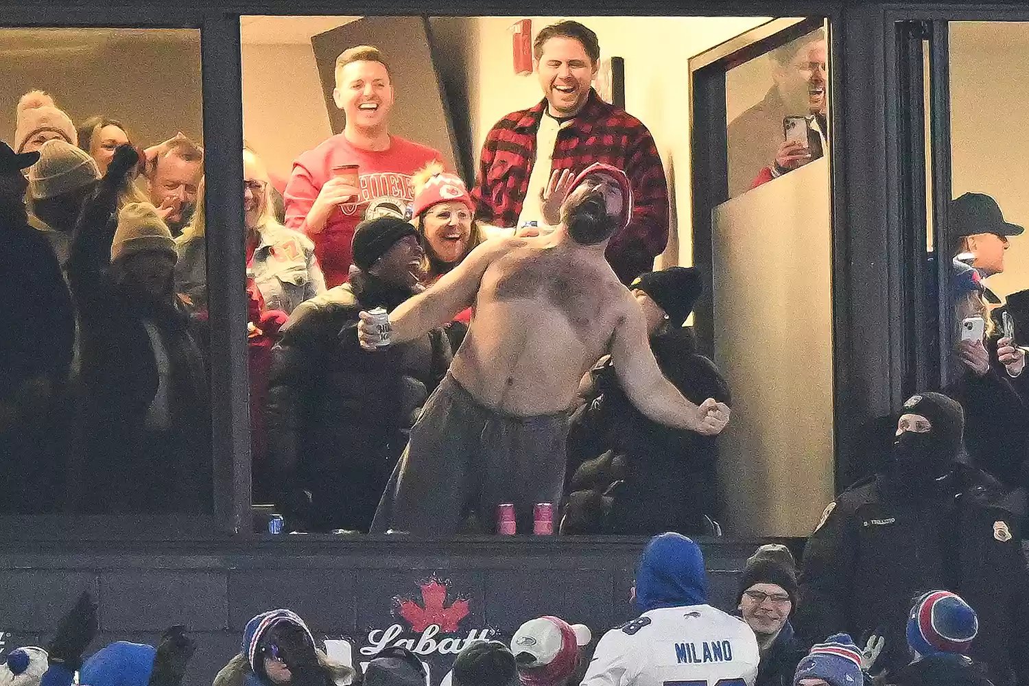 Jason Kelce topless at the Buffalo Bills vs. Kansas City Chiefs game on January 21, 2024.