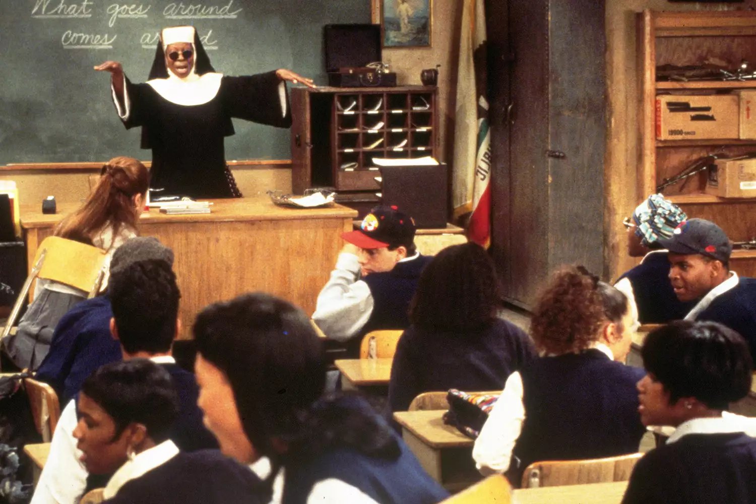 FILM STILLS OF 'SISTER ACT 2: BACK IN THE HABIT' WITH 1993, CLOTHING, BILL DUKE, WHOOPI GOLDBERG, NUN'S HABIT IN 1993
