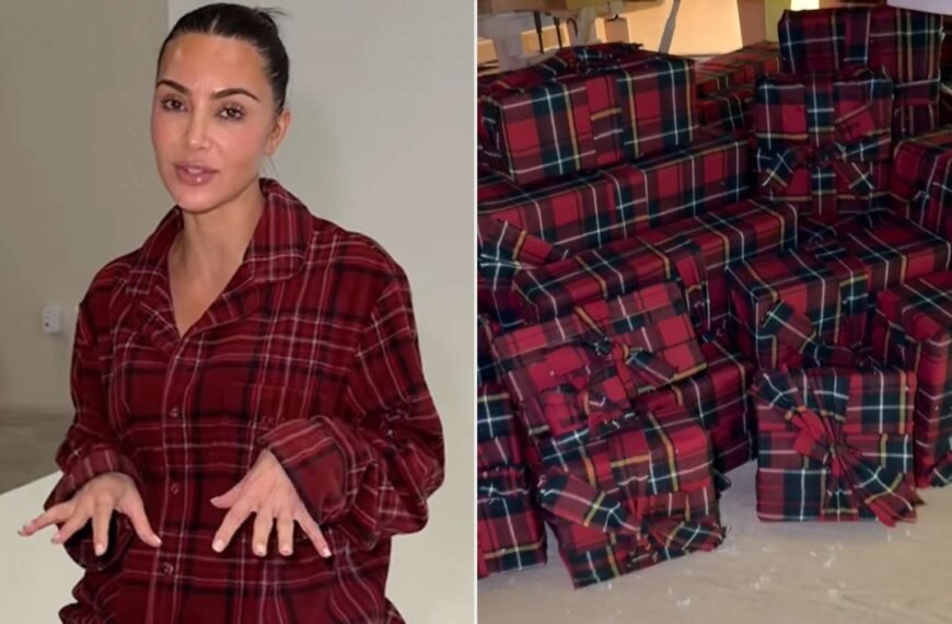 Kim Kardashian Shows Off Her Holiday Gift Wrapping Style That Complements Her Pajamas