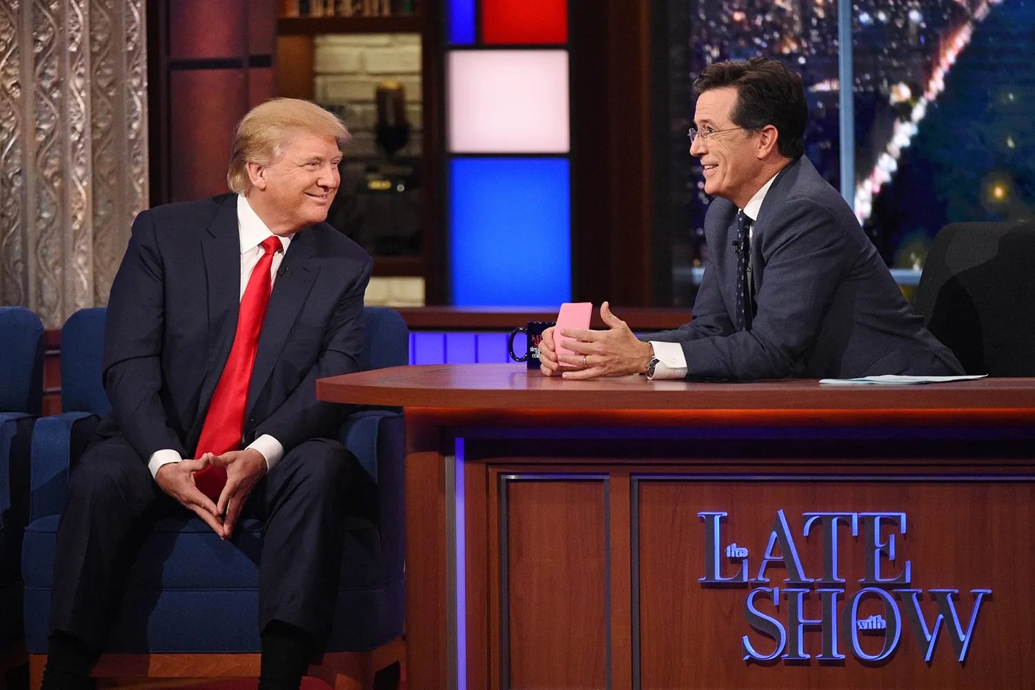 Donald Trump talks about his US Presidential campaign on The Late Show with Stephen Colbert, Tuesday Sept. 22, 2015 on the CBS Television Network.