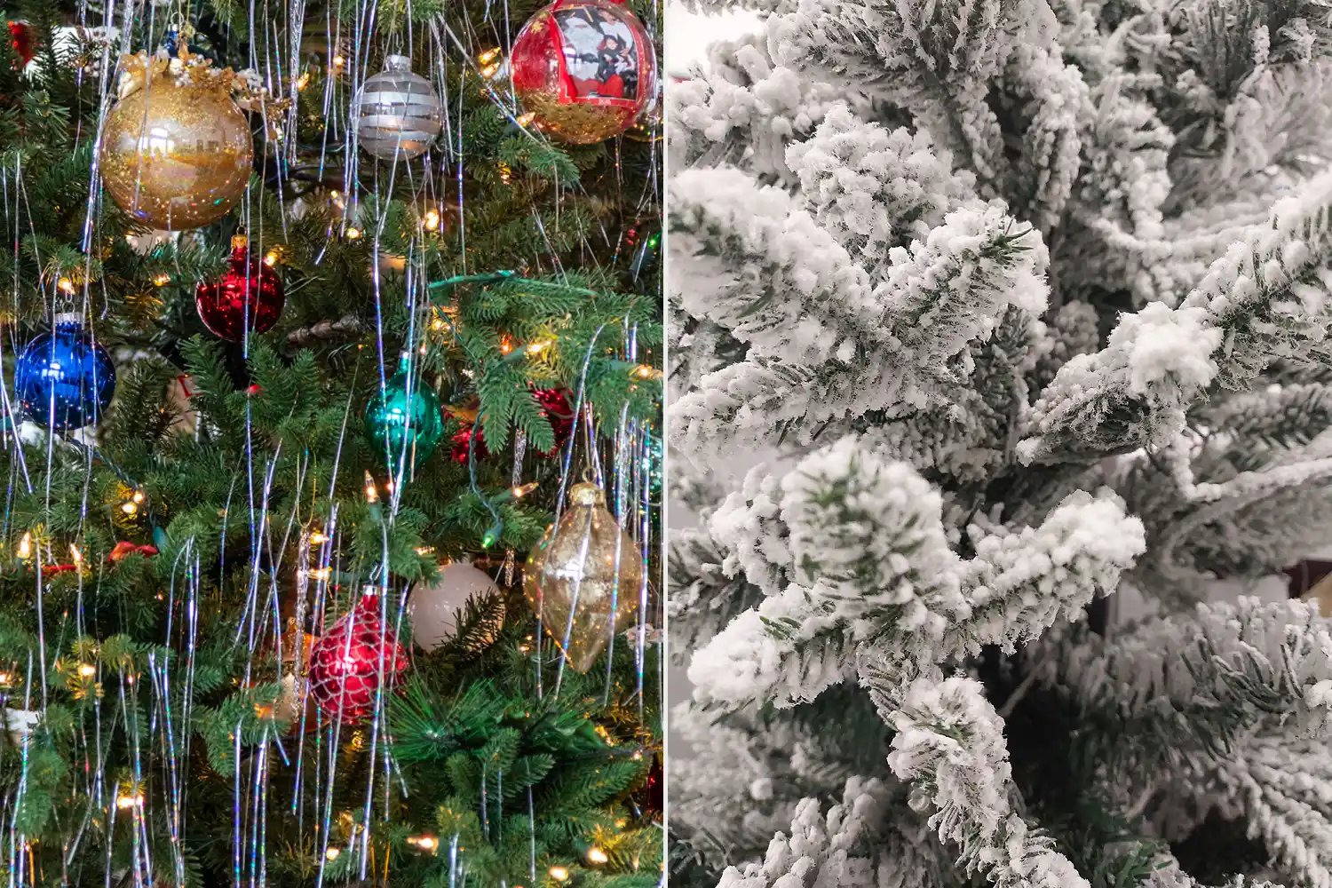 Tinsel on tree, fake snow on tree.