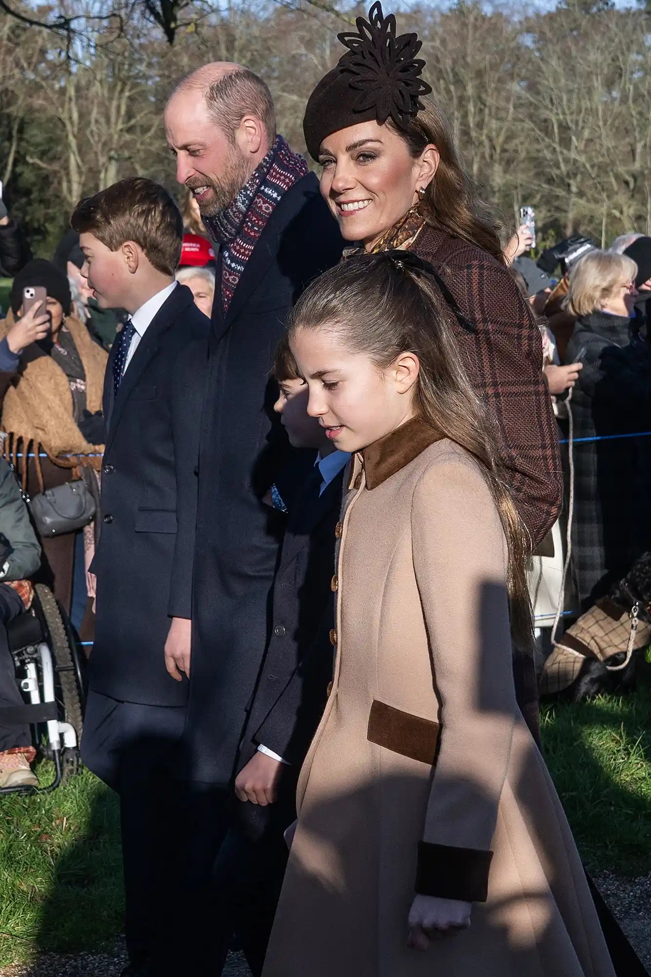 Prince George, Prince William, Prince Louis, Catherine, Princess of Wales and Princess Charlotte attend the Christmas Morning Service at Sandringham Church on December 25, 2025.