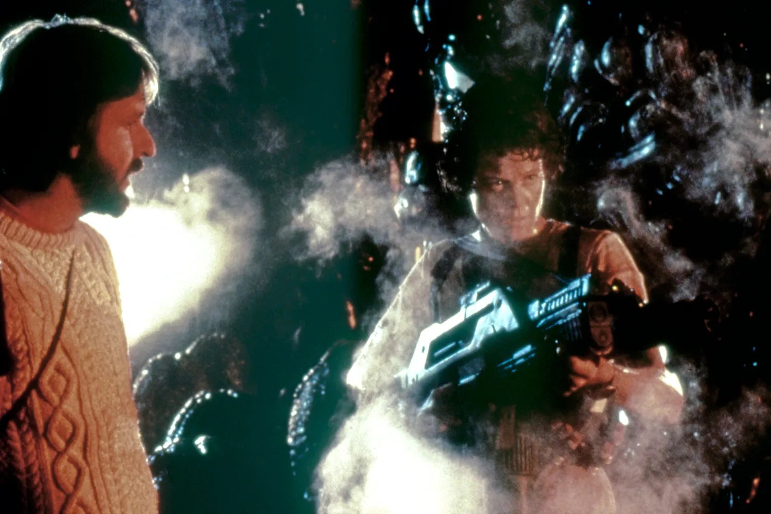 American actress Sigourney Weaver with director and screenwriter James Cameron on the set of his movie Aliens.