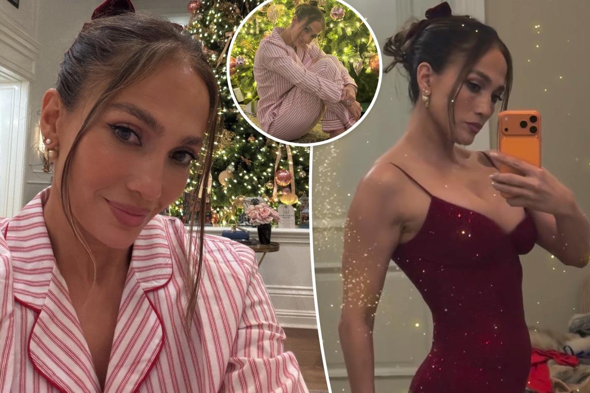 Jennifer Lopez Dons a Shimmering Red Dress and Cozy Pajamas for a Joyful Christmas Celebration