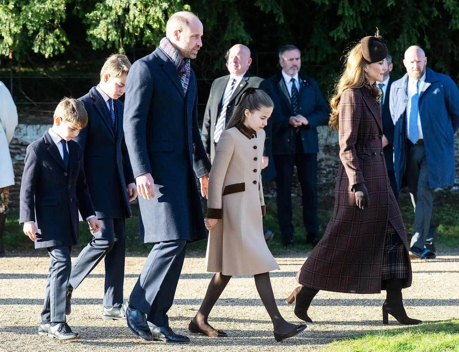 Prince George of Wales, Prince Louis of Wales Prince William, Prince of Wales, Catherine, Princess of Wales and Princess Charlotte of Wales attend the Christmas Morning Service at Sandringham Church on December 25, 2025 in Sandringham, Norfolk