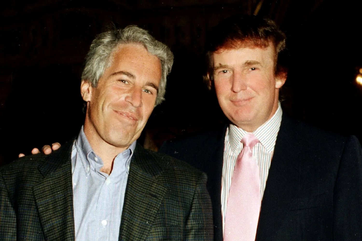 Portrait of American financier Jeffrey Epstein and real estate developer Donald Trump as they pose together at the Mar-a-Lago estate, Palm Beach, Florida, 1997