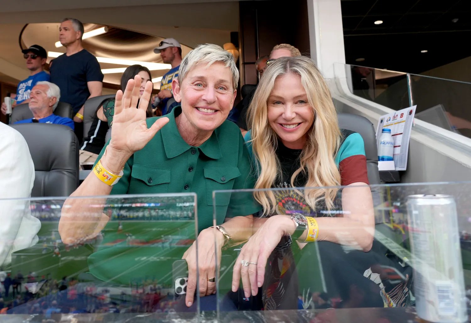 Ellen DeGeneres and Portia de Rossi at Super Bowl LVI in 2022.