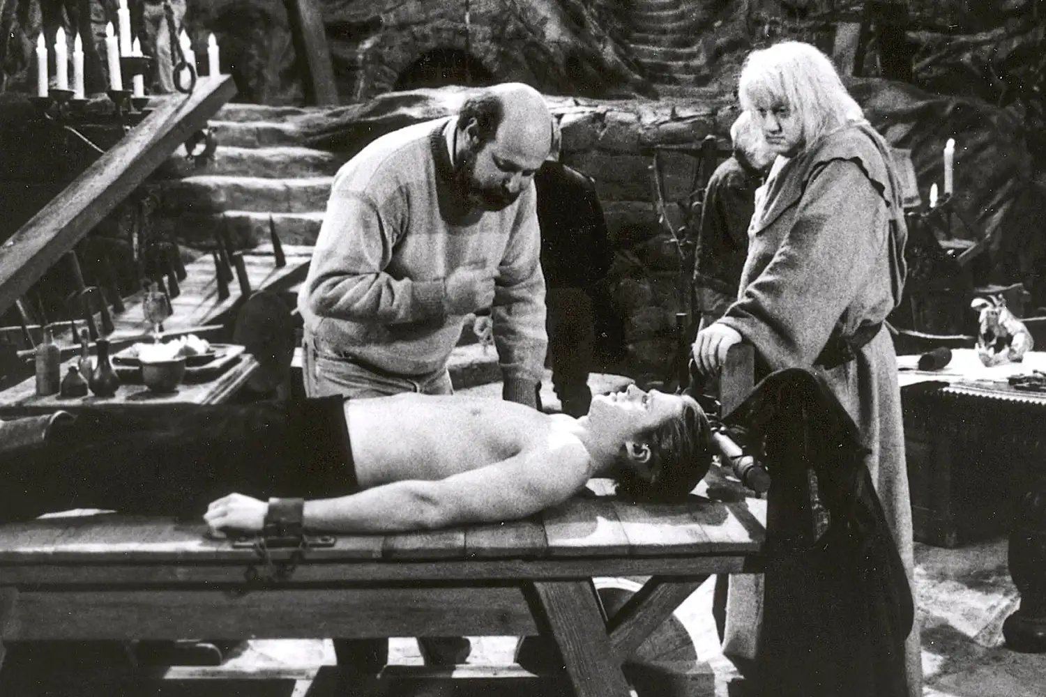 Rob Reiner, Cary Elwes, and Mel Smith on set of 'The Princess Bride'.