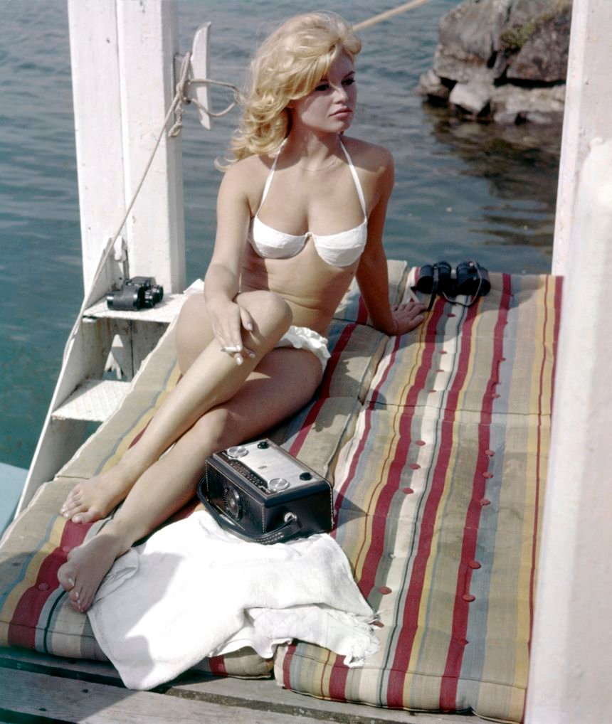 Bardot on the set of 'A Very Private Affair,' credited with popularizing the bikini.