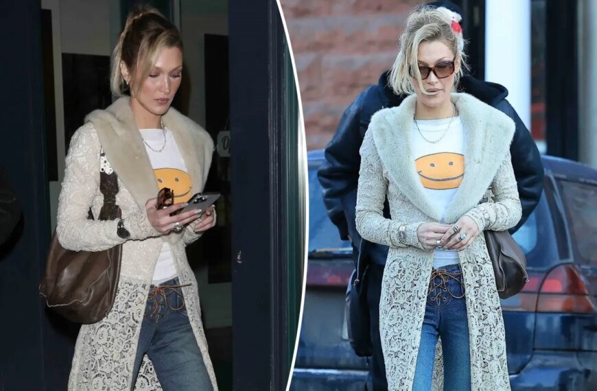 Bella Hadid Stays Stylish and Warm in a Chic Sheer Lace Coat This Winter in Aspen